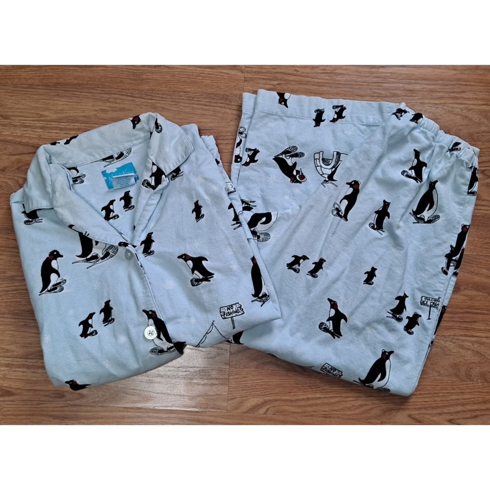 Nick and Nora Alaska Penguins  Flannel Pajama Pant & Shirt Set Sz Medium Blue